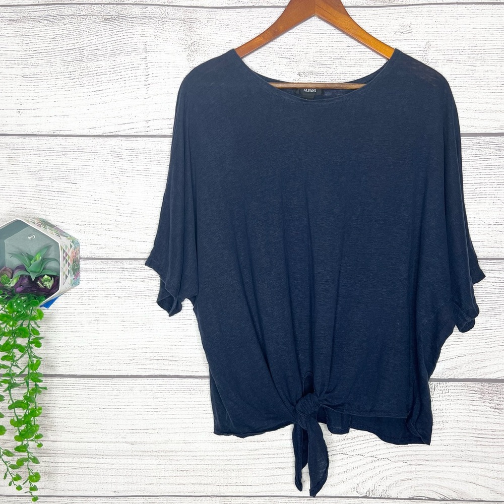 Alfani Dark Blue 100% Linen Dolman Sleeve Tie Front Casual Top Size Large